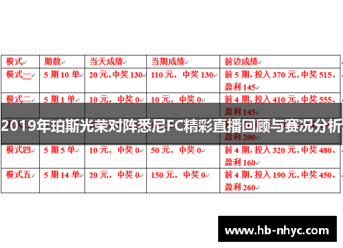2019年珀斯光荣对阵悉尼FC精彩直播回顾与赛况分析
